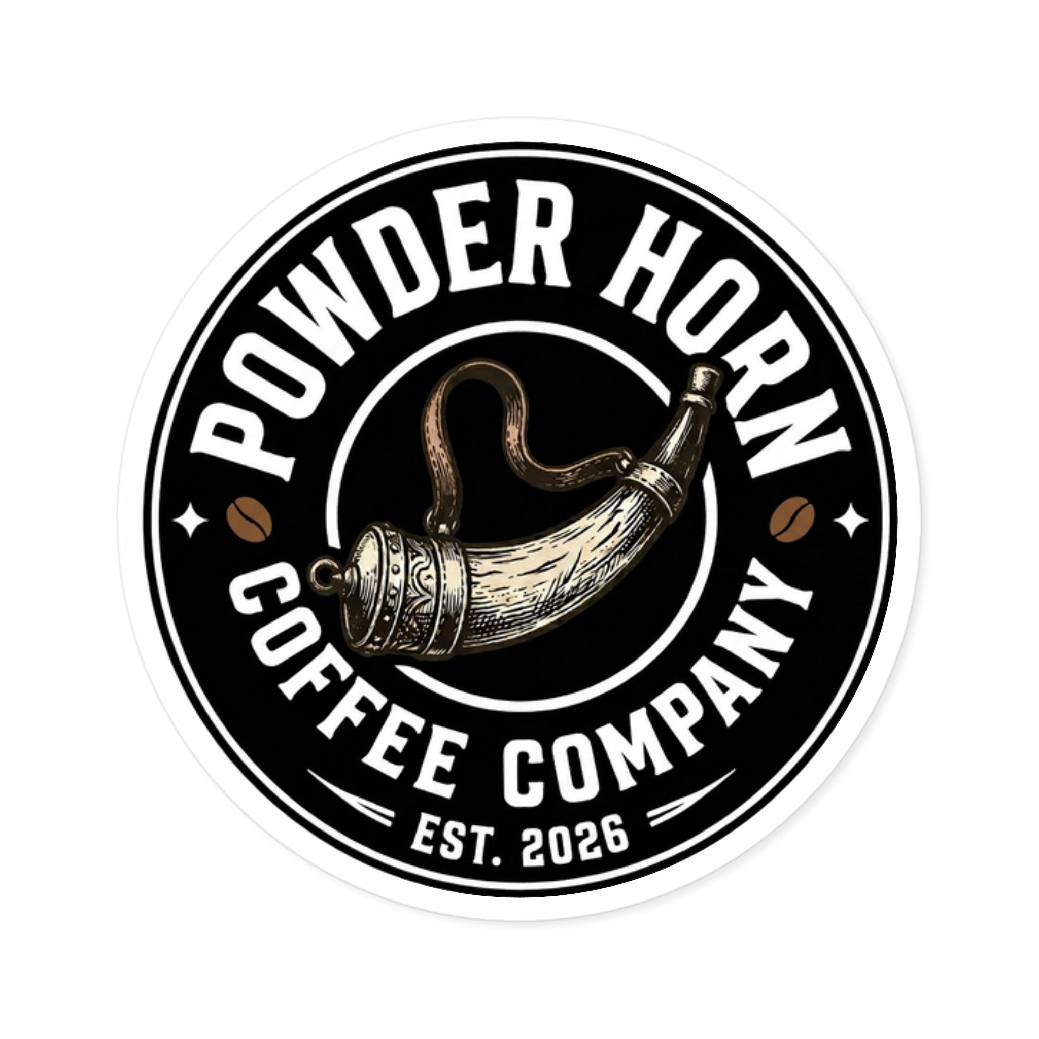 Powder Horn Coffee Company Round Sticker — Vintage Coffee Logo Decal (Indoor/Outdoor)