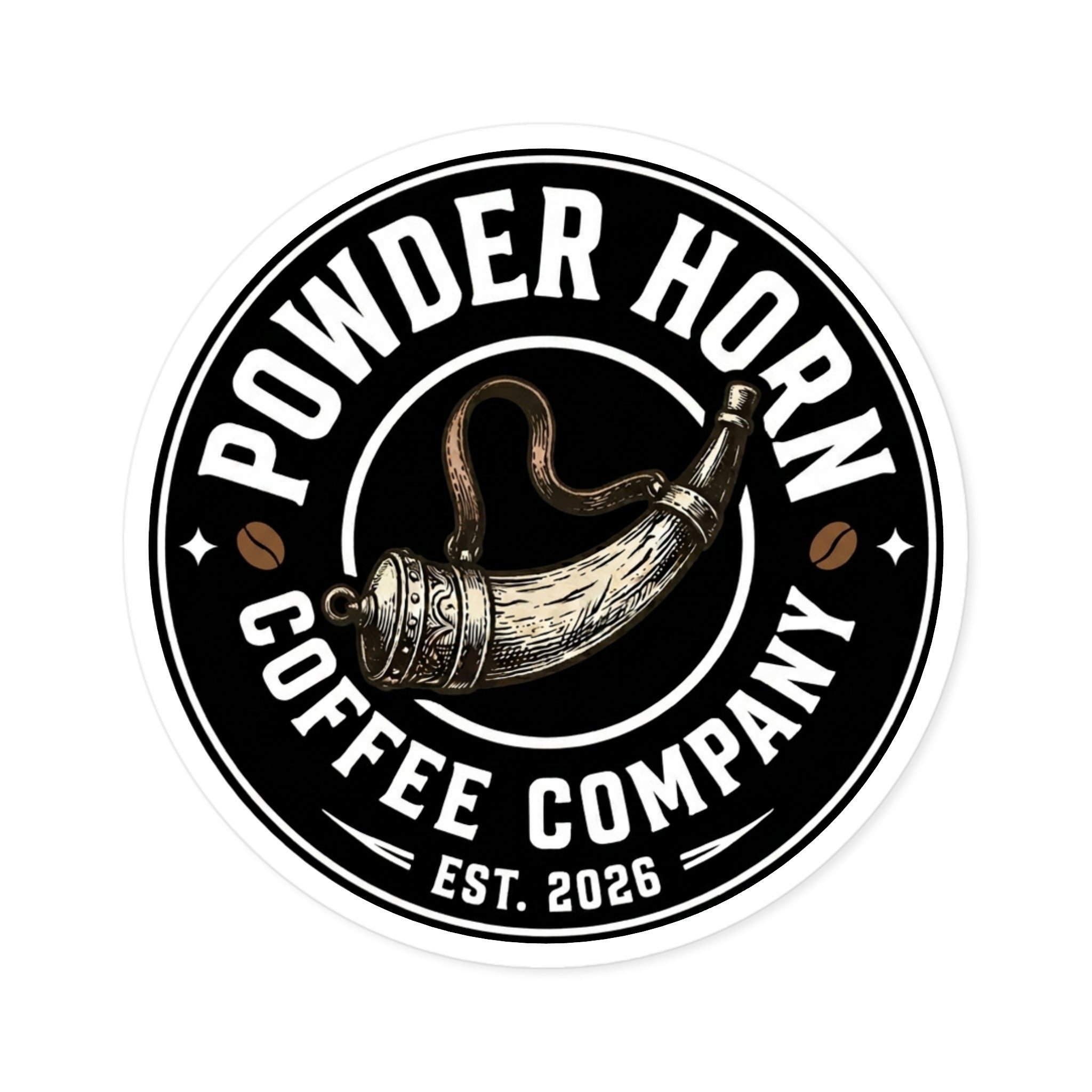 Powder Horn Coffee Company Round Sticker — Vintage Coffee Logo Decal (Indoor/Outdoor)