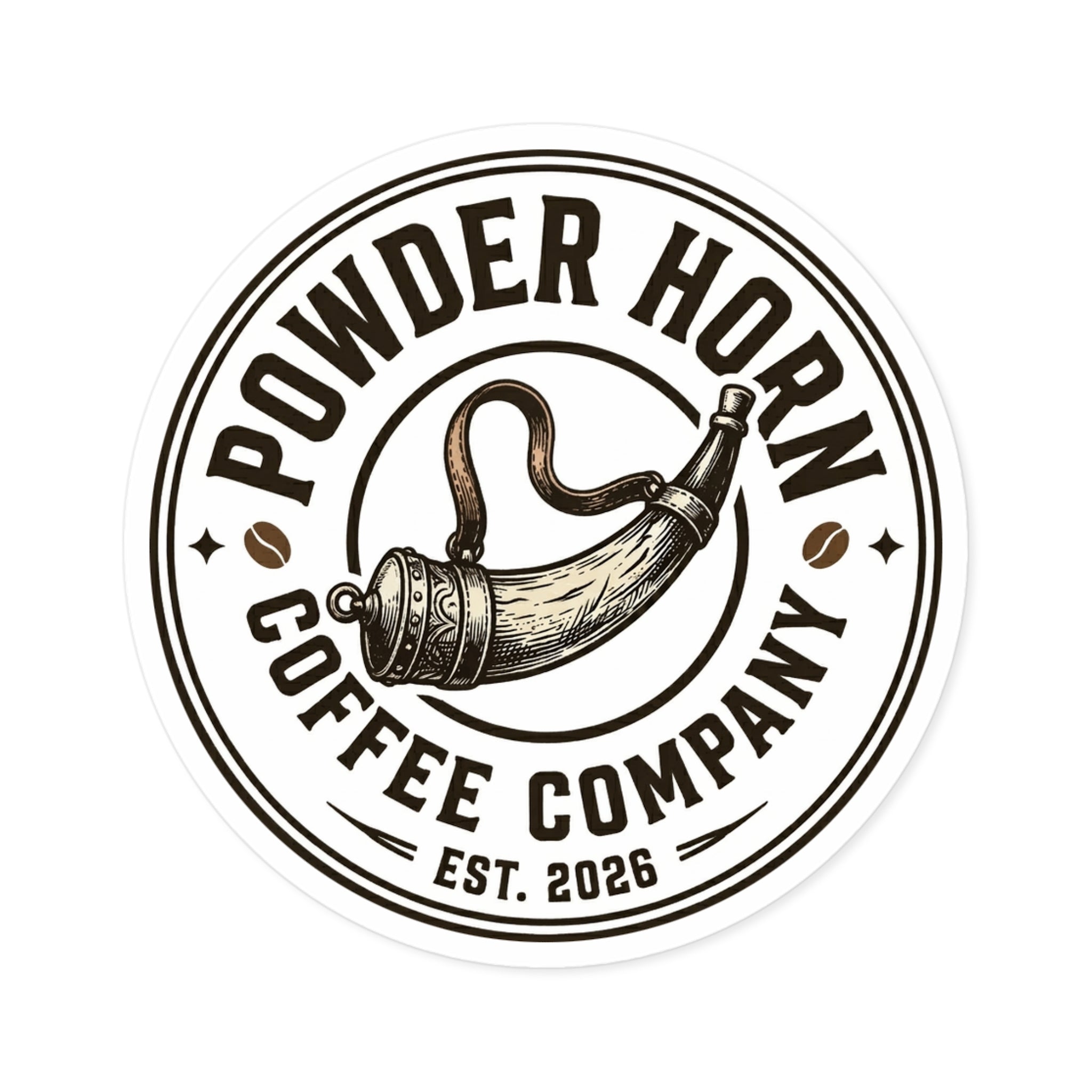 Powder Horn Coffee Company Round Sticker — Vintage Coffee Logo Decal (Indoor/Outdoor)