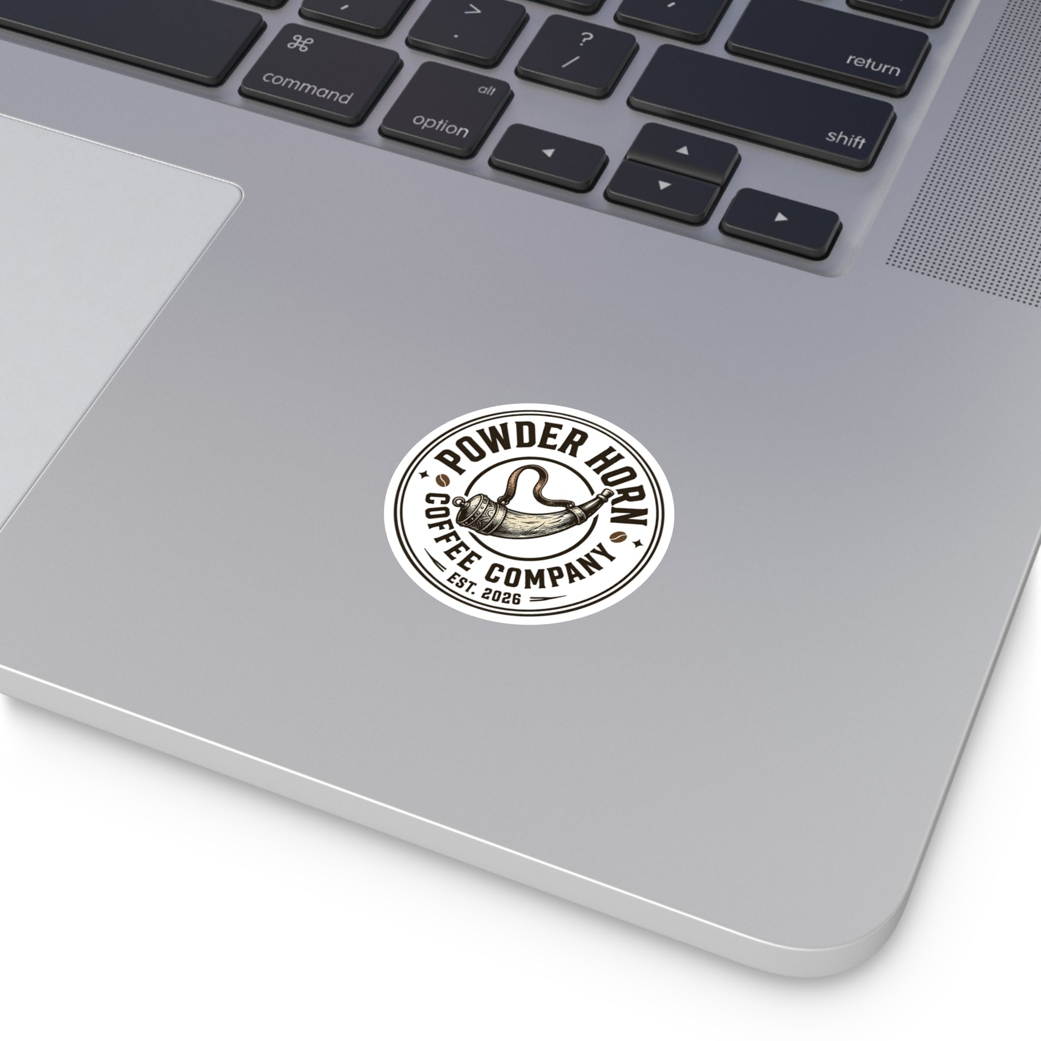 Powder Horn Coffee Company Round Sticker — Vintage Coffee Logo Decal (Indoor/Outdoor)