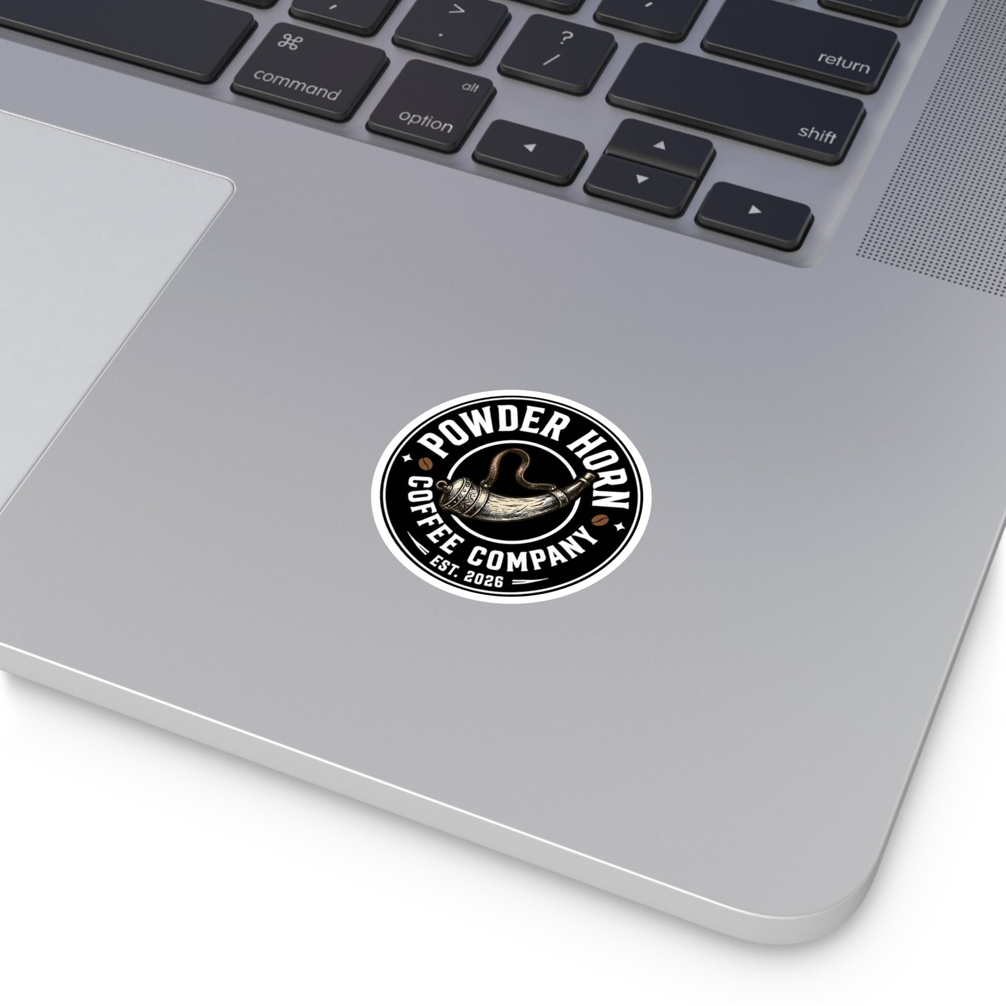 Powder Horn Coffee Company Round Sticker — Vintage Coffee Logo Decal (Indoor/Outdoor)