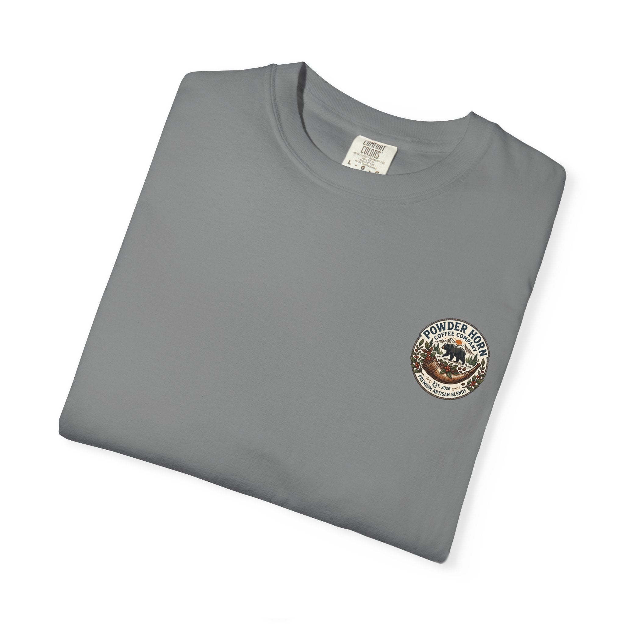 Powder Horn Graphic T-Shirt / Bear Logo Front / Vintage Back