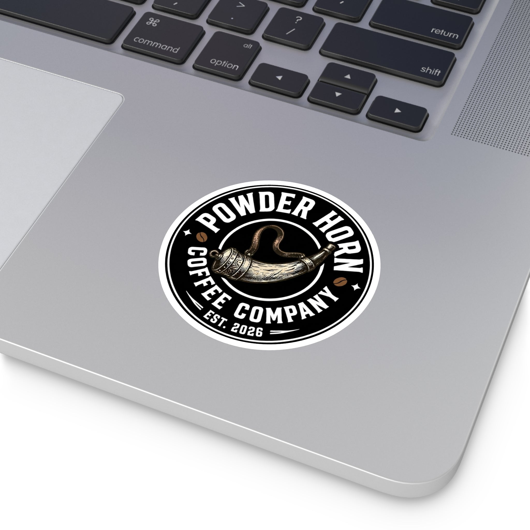 Powder Horn Coffee Company Round Sticker — Vintage Coffee Logo Decal (Indoor/Outdoor)