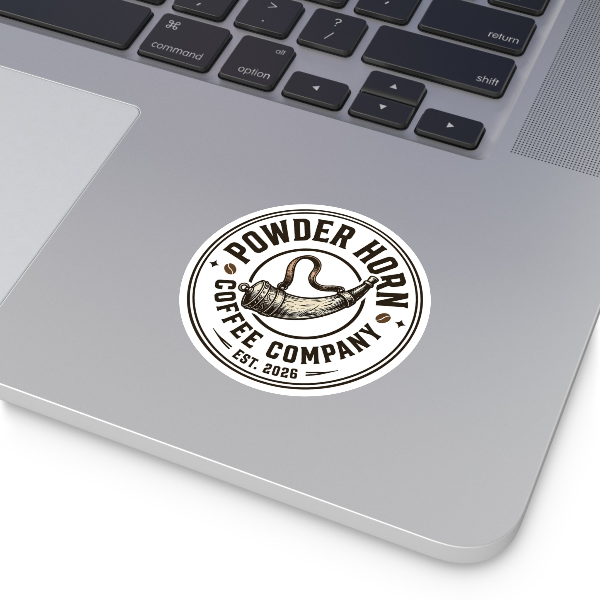 Powder Horn Coffee Company Round Sticker — Vintage Coffee Logo Decal (Indoor/Outdoor)
