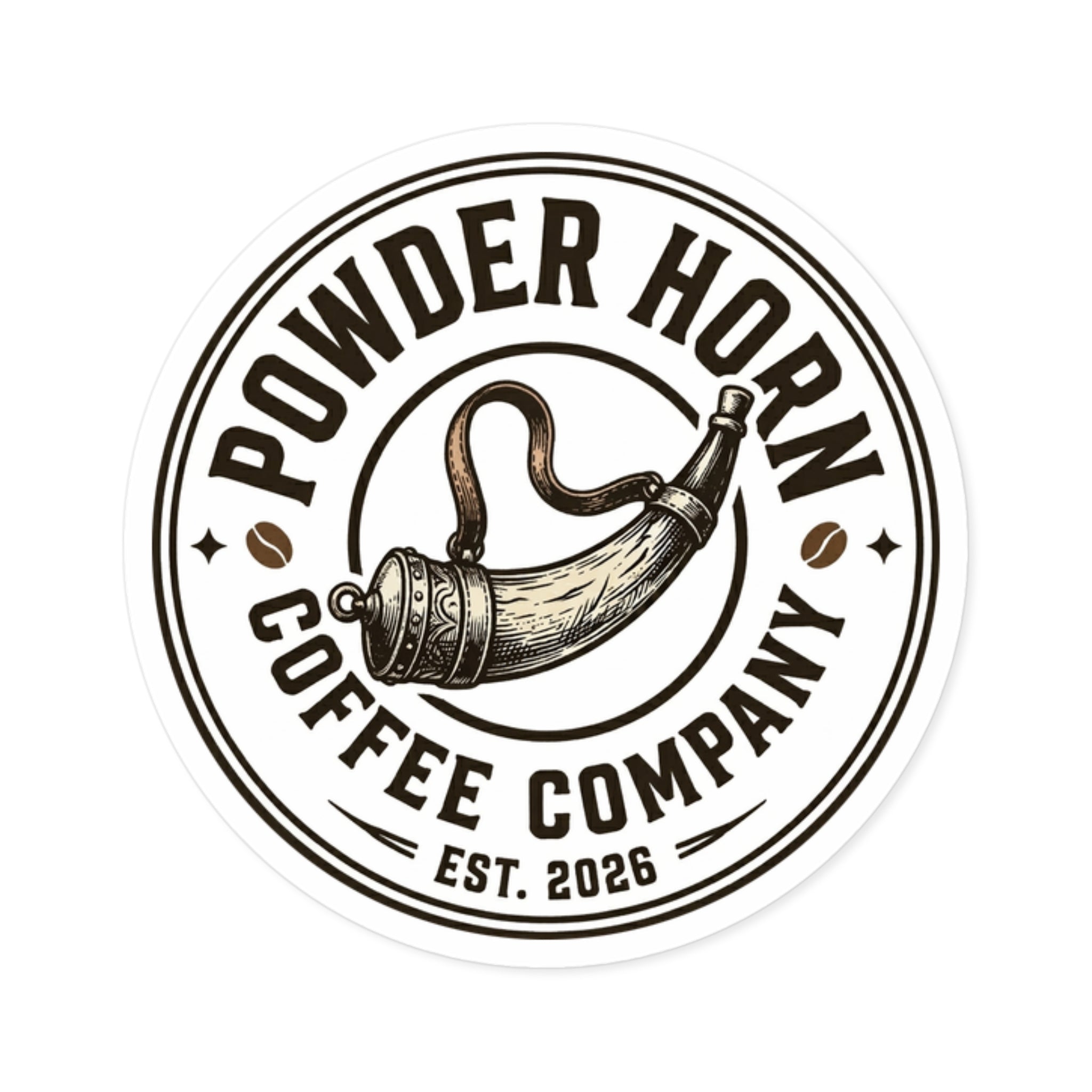 Powder Horn Coffee Company Round Sticker — Vintage Coffee Logo Decal (Indoor/Outdoor)